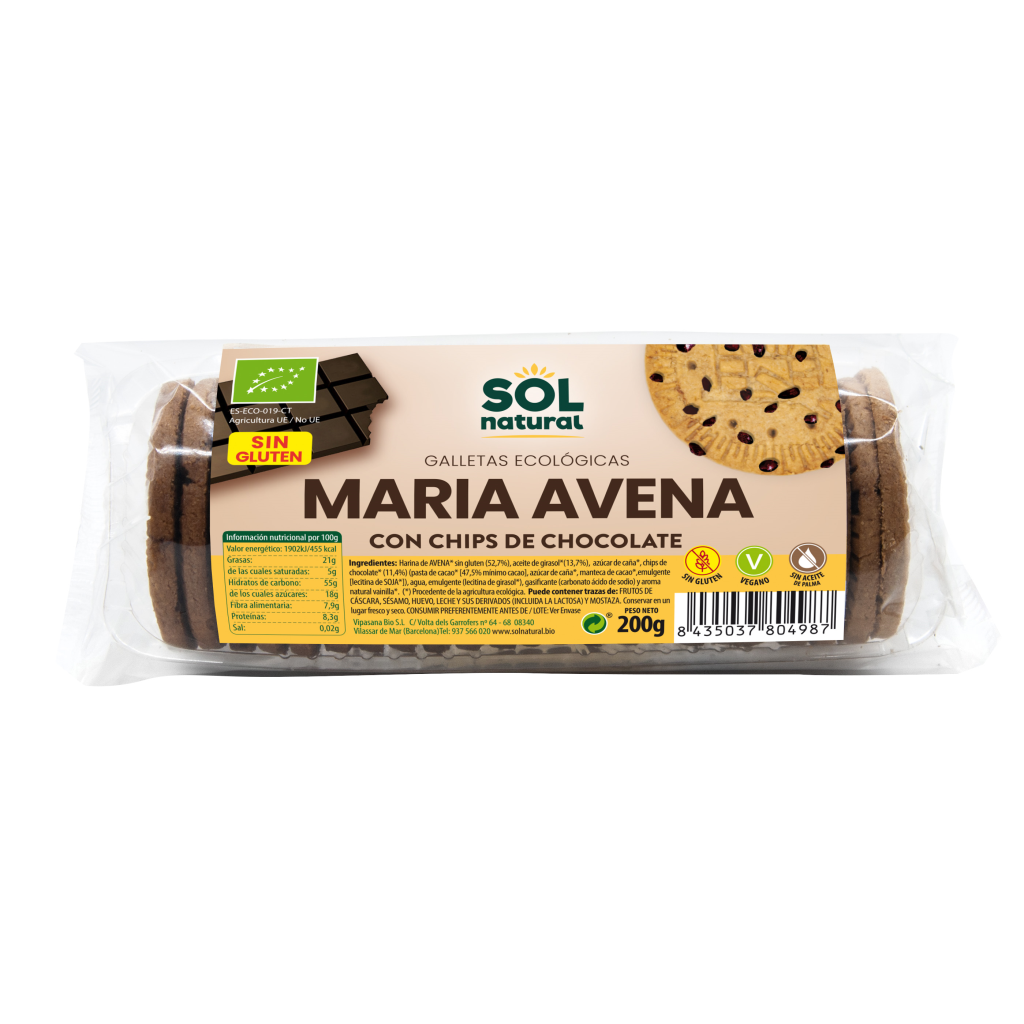Galletas maría de avena sin gluten con chips chocolate bio 200gr.