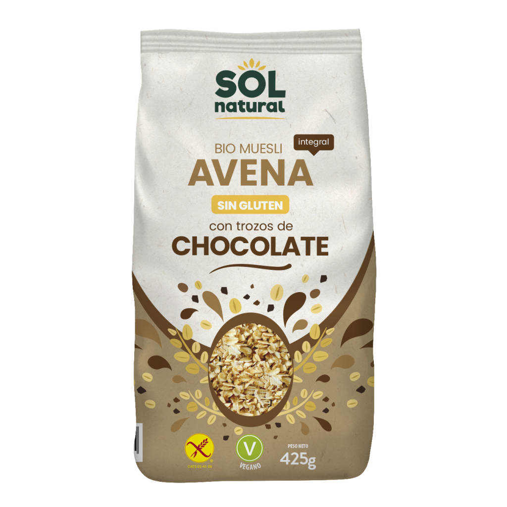 Muesli de avena sin gluten con chocolate bio 425gr.