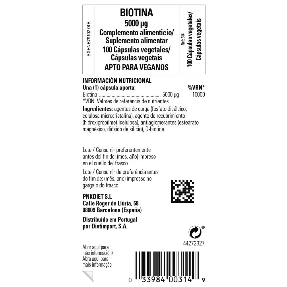 Biotina 5000μg - 100 cápsulas vegetales