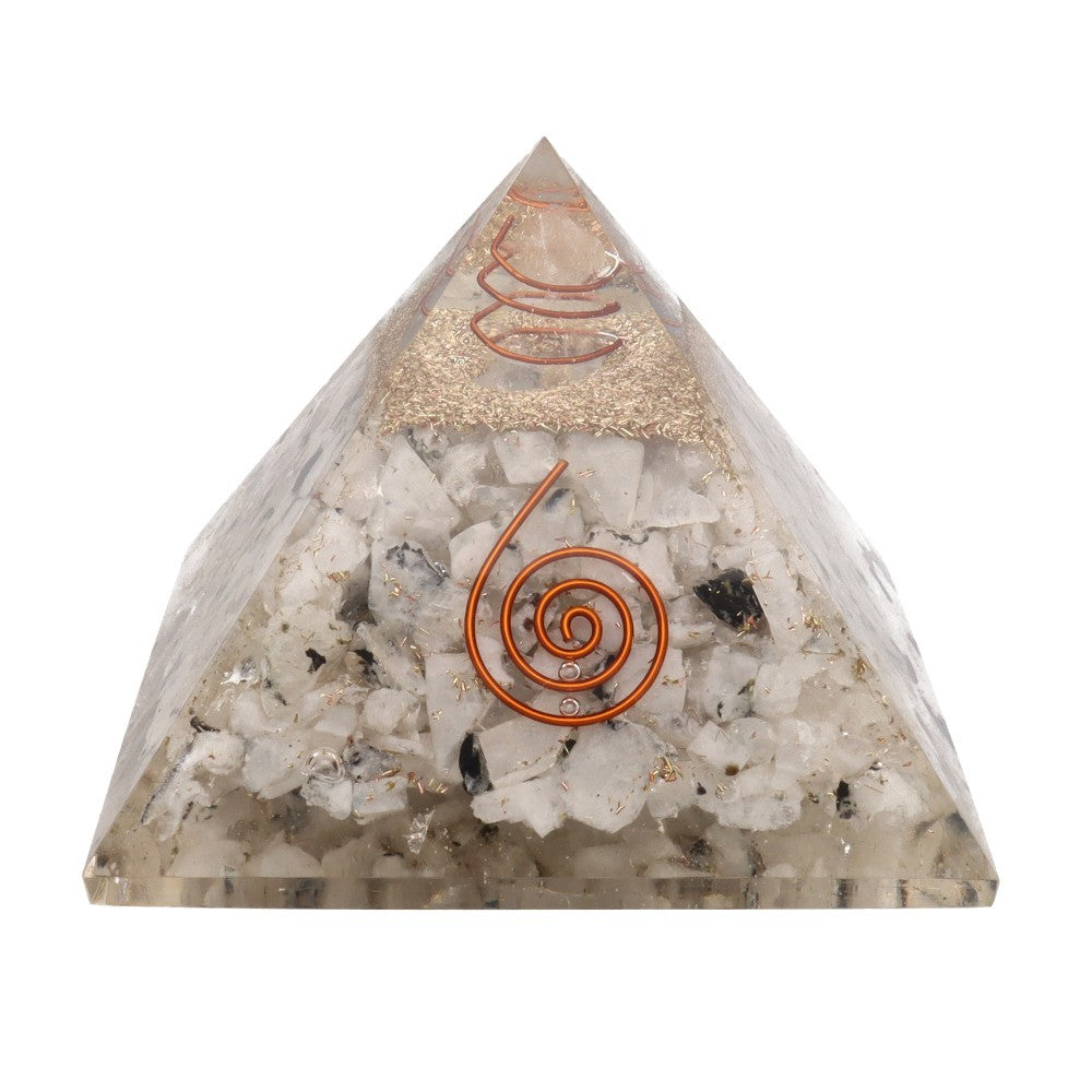 Pirámide Orgonita de Piedra Luna en Resina con Espiral 7x7cm